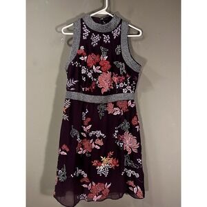 KAREN MILLEN Purple Floral 3D Embroidered Sleeveless Mini Dress Womens Sz 12